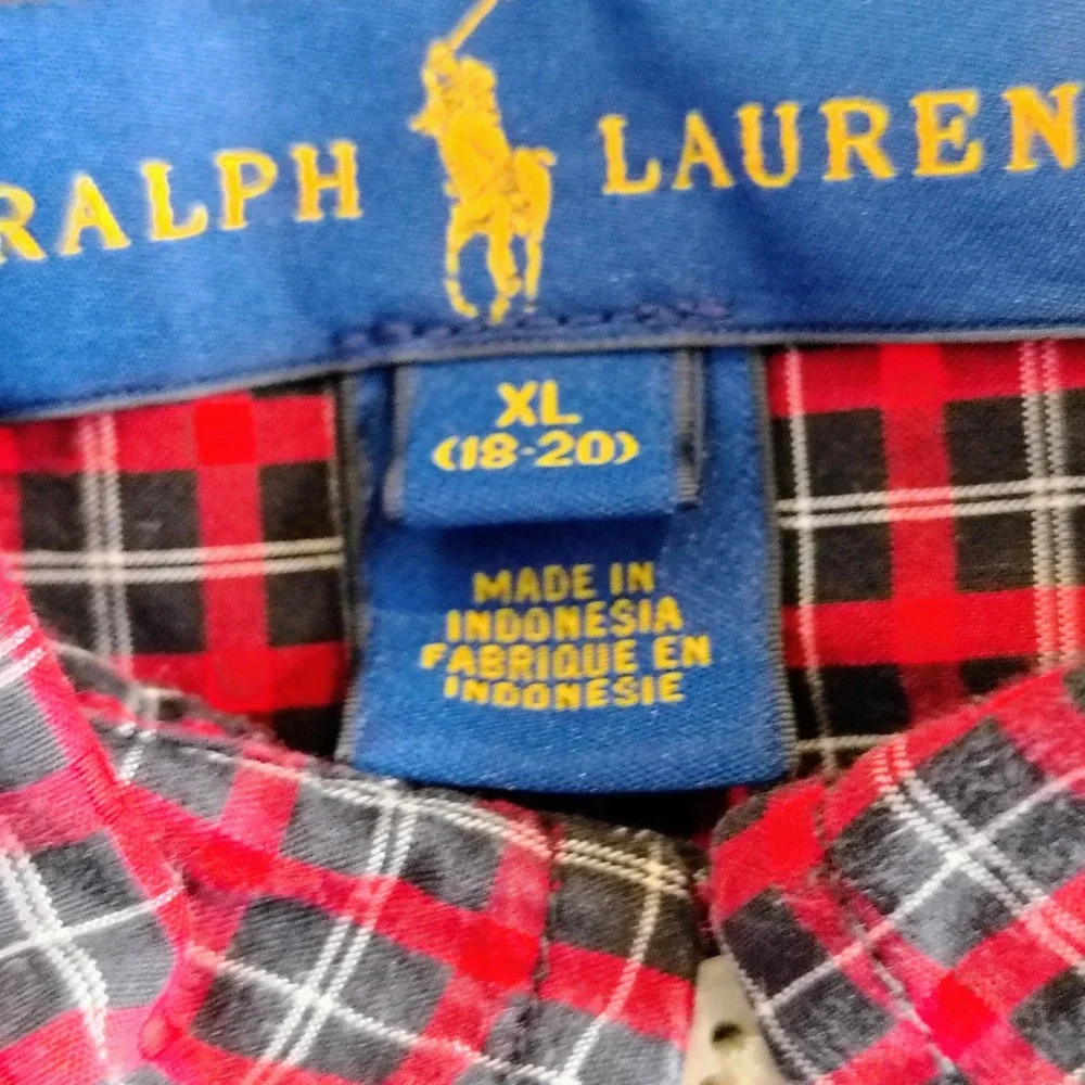 Ralph Lauren Boys XL 18-20 Red Black Plaid Cotton Button Down Shirt Long Sleeve